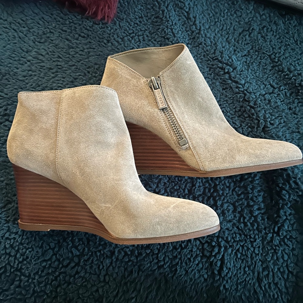 Tan wedge booties (never used)